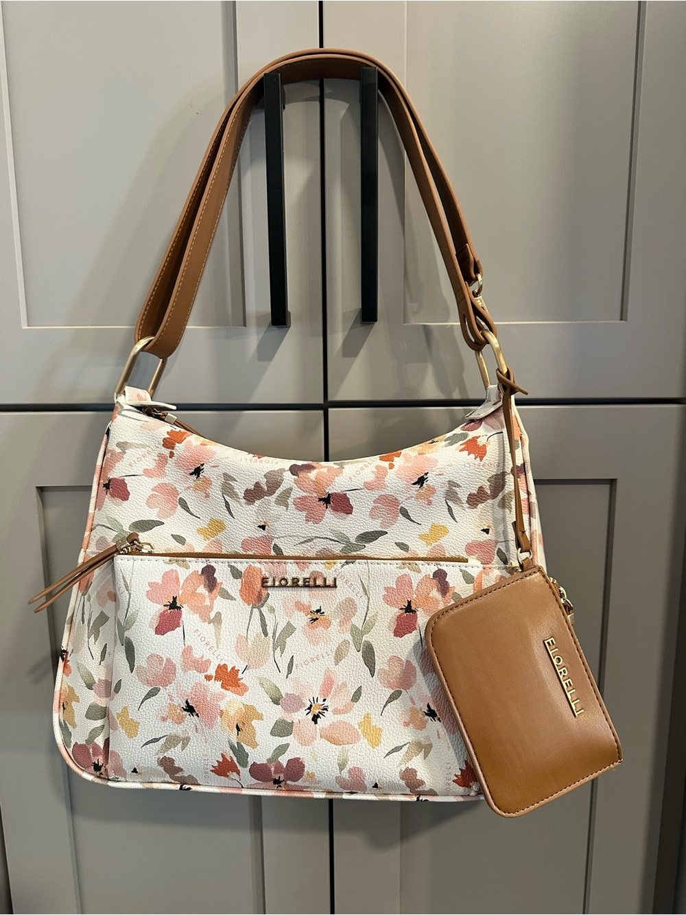 Floral Print Shoulder Bag in White & Tan